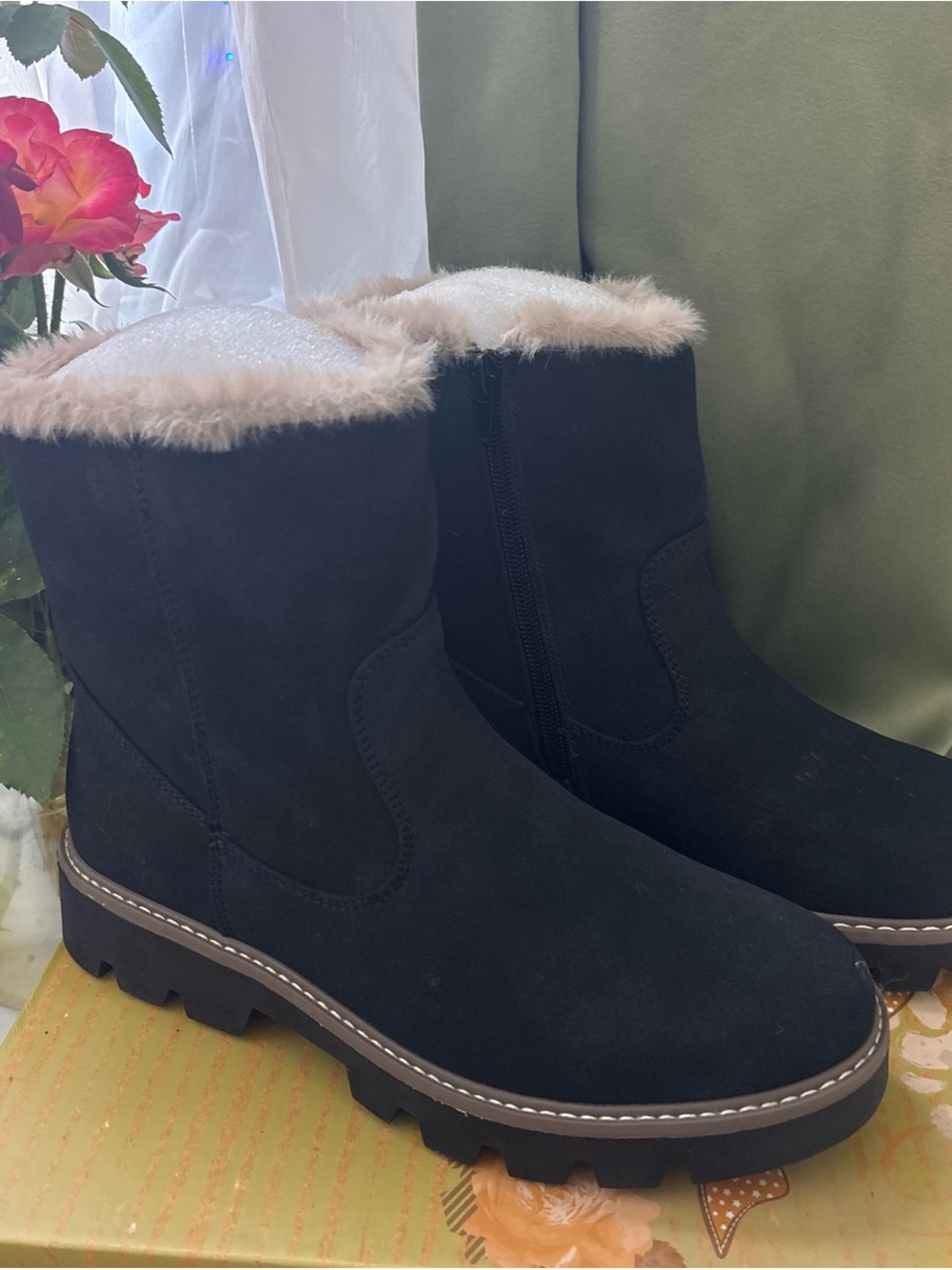 Women's Black Faux-Fur Lined Winter Ankle Boots